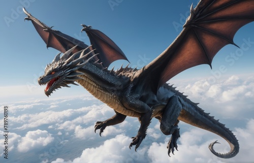 Vertical closeup shot of the dragon while flying in the sky © Easy