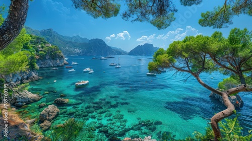 Panoramic Sea View with Boats and Capri Island, Lush Green Pine Trees, Blue Sky and Azure Waters photo