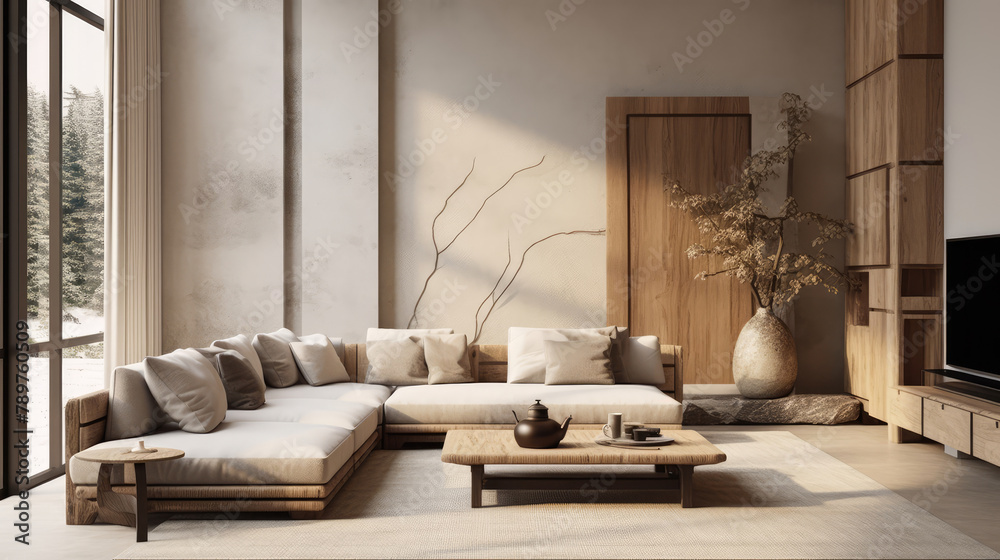 Obraz premium Japandi style interior design of modern living room with stucco wall. Generative AI