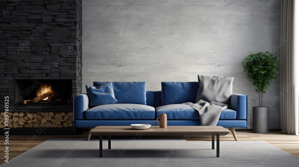 Blue sofa against of stone tiled wall with canvas poster. Wooden rectangular coffee table between window and fireplace. Minimalist interior design of modern living room. Generative AI Blue sofa against of stone tiled wall with canvas poster. Wooden rectangular coffee table between window and fireplace. Minimalist interior design of modern living room. Generative AI