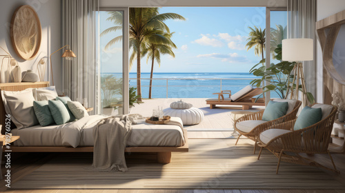 Coastal style interior design of modern bedroom Generative AI