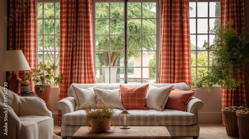 Cozy sofa against grid window dressed with terra cotta curtains. French country home interior design of modern living room Generative AI © Fang