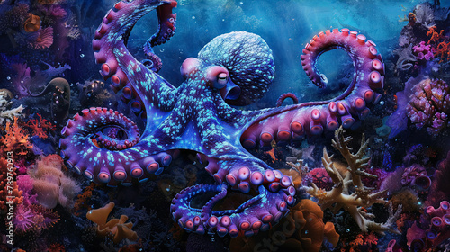 An octopus with neon indigo ink clouds, camouflaging in a coral reef underwater