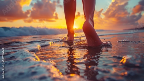 Sunset Stroll: Low Angle View of Girl's Feet Walking on Beach