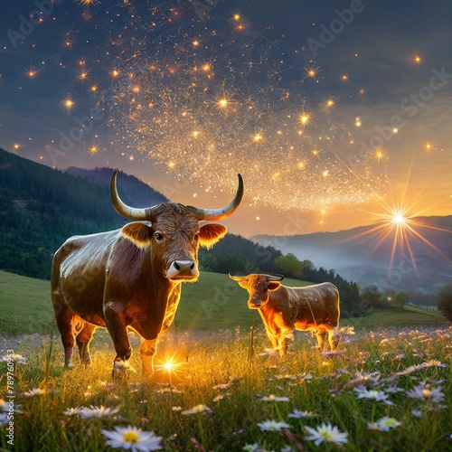  a digital masterpiece featuring a majestic bull and a serene cow wandering through a field at sunrise, guided by the gentle glow of artificial fireflies."