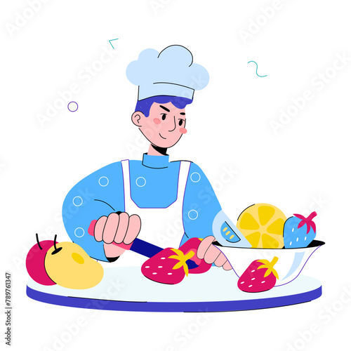 Modern doodle mini illustration of cutting fruits 