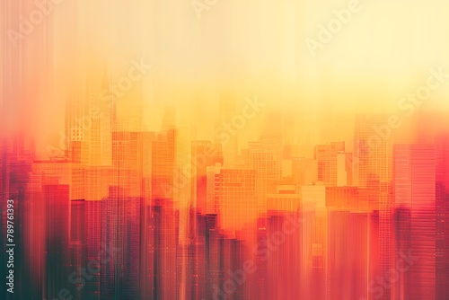 : A surreal and abstract composition of a cityscape, with a blurred horizon and distorted shapes, set against a warm, gradient color palette