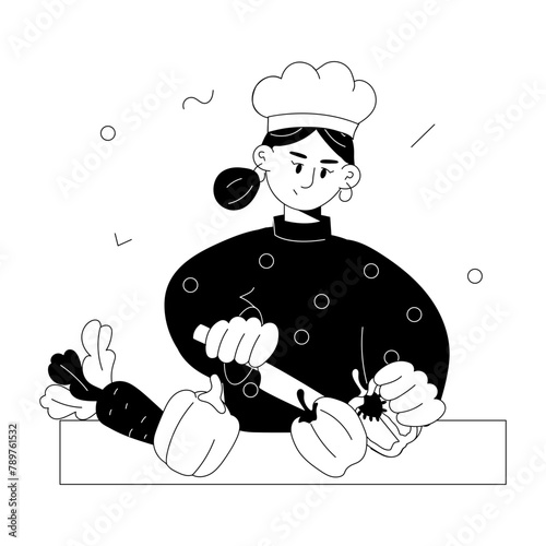 Easy to edit doodle mini illustration of cutting vegetables 