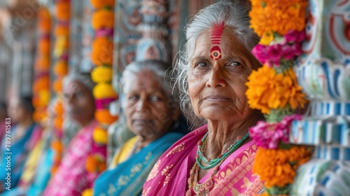 Colorful Indian Women at Temple in Traditional Sari Attire photo