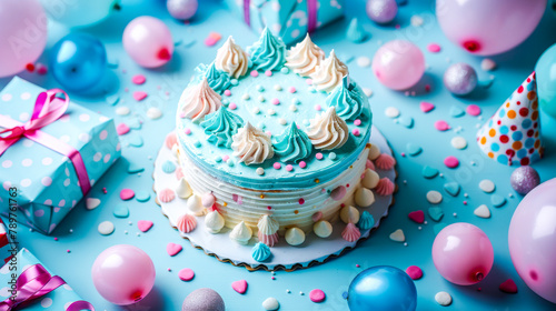Colorful Birthday Cake with Festive Balloons.