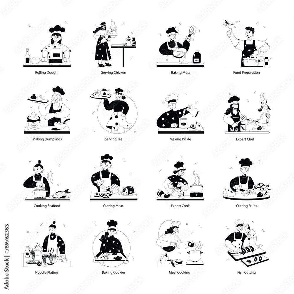 Collection of Professional Chefs Doodle Mini Illustrations 

