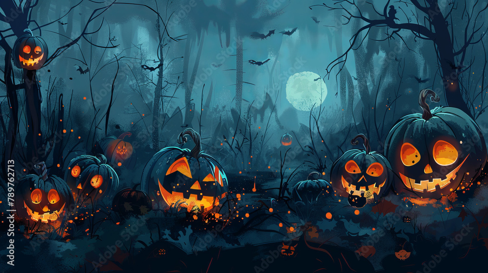 In the dark night of Halloween, vector drawings of pumpkins create images reminiscent of mysterious events and mystical adventures.