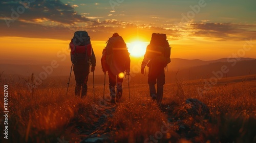 Sunset Adventure: Friends Hiking with Backpacks, Embracing Friendship in the Great Outdoors for Travel and Tourism Exploration