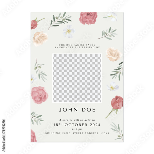 Floral funeral invitation template, colorful flowers and leaves on light brown background © momosama