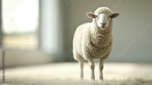 a white sheep is standing in a empty room