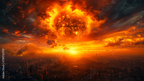 An AI generative image of red fire in the sky at a city. Armegeddon and doomsday concept. photo