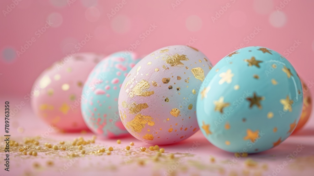 Pastel Easter Eggs with Gold Decor on Pink Background - Ideal for Easter Decorations and Greeting Cards Pastel Easter Eggs with Gold Decor on Pink Background - Ideal for Easter Decorations and Greeting Cards
