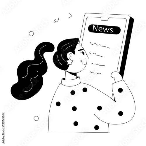 Girl reading online mobile news, doodle mini illustration 