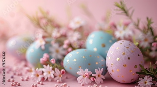 Pastel Easter Eggs with Gold Decor on Pink Background - Ideal for Easter Decorations and Greeting Cards