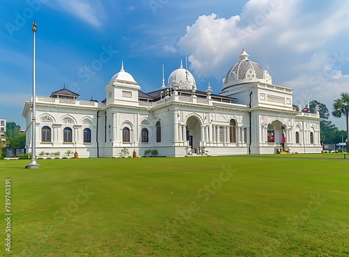 Local historical building, white exterior with dome and spires, large lawn in front of the main entrance for people to relax or take photos photo