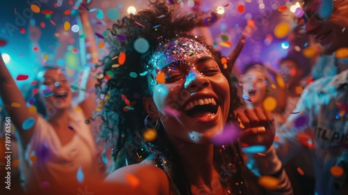 Joyful Nightlife: Diverse People Dancing at S-Style Party with Confetti, Enjoying Life and Clubbing