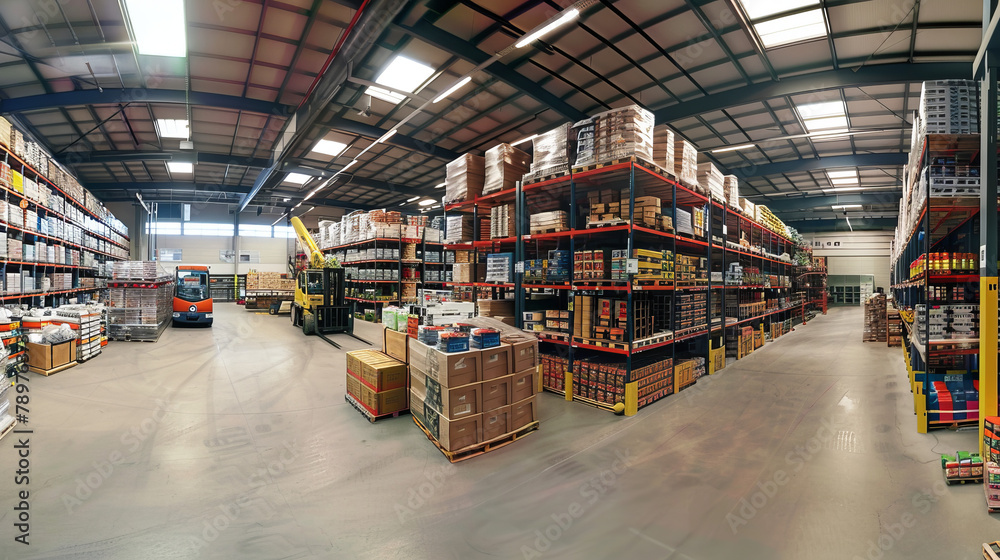 The panoramic image of the warehouse shows high shelves filled with goods, and stackers and loaders are actively maneuvering, placing loads. 