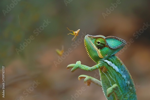 Back flapped chameleon catching cricket . © crescent