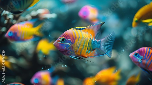 Vibrant School of Colorful Tropical Fish Swimming in the Deep Blue Ocean Waters