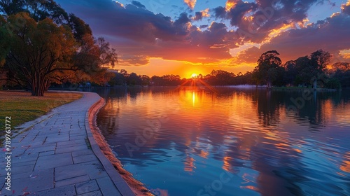 Breathtaking Sunset Reflected on Tranquil Lake Promenade A Captivating Natural Spectacle of Color and Serenity
