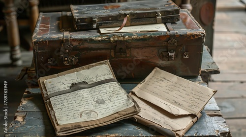 Vintage Suitcase with Letters and Documents on Wooden Floor, Nostalgic and Mysterious Setting