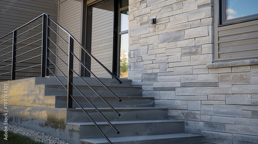 Closeup of a prefabricated staircase showcasing the prebuilt steps and railings that can be easily connected and adjusted to fit the desired height and design specifications. .