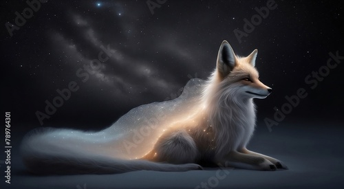 A delicately shimmering astral fox  ethereal fur glowing softly against a dark backdrop. 