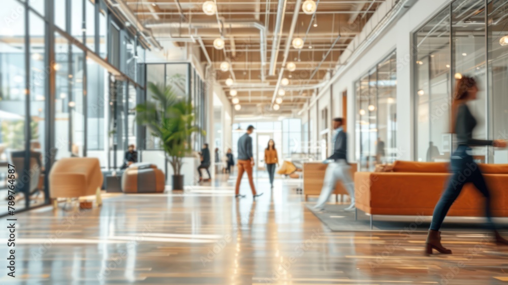 Dynamic Modern Office with Blurred Motion of People Walking in Bright Business Workplace