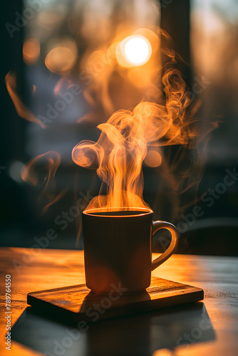 A cozy scene capturing a steaming cup of hot coffee on a table during a sunrise 
