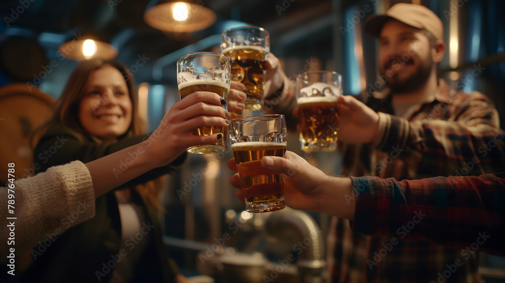 A group of friends cheerfully toasting with beer glasses in a warmly lit pub atmosphere A group of friends cheerfully toasting with beer glasses in a warmly lit pub atmosphere