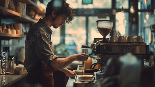 The focused work of a barista preparing coffee, highlighting the art of coffee making photo