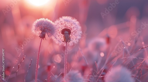 Beautiful pink dandelions glowing in the golden light of the setting sun