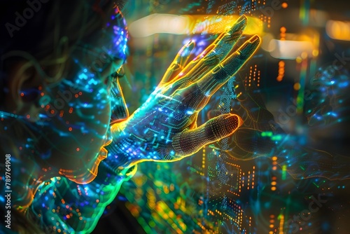 A woman's hand is projected onto a computer screen. The image is a representation of the idea of technology and its impact on human interaction