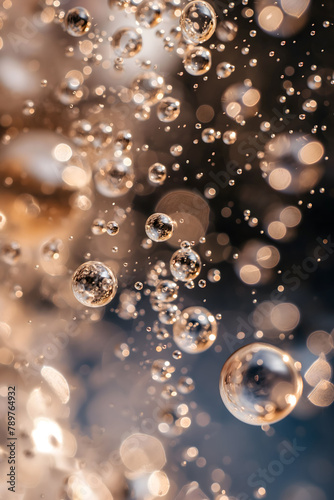 Close-up photo featuring multiple sparkling water droplets suspended in mid-air with a bokeh background