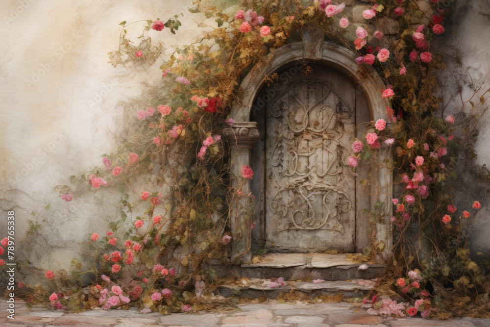 Fototapeta premium Old wooden door with pattern and pink roses on the old wall. Watercolor painting. Fairy Tale Door, Fantasy Doorway, Fabulous Door