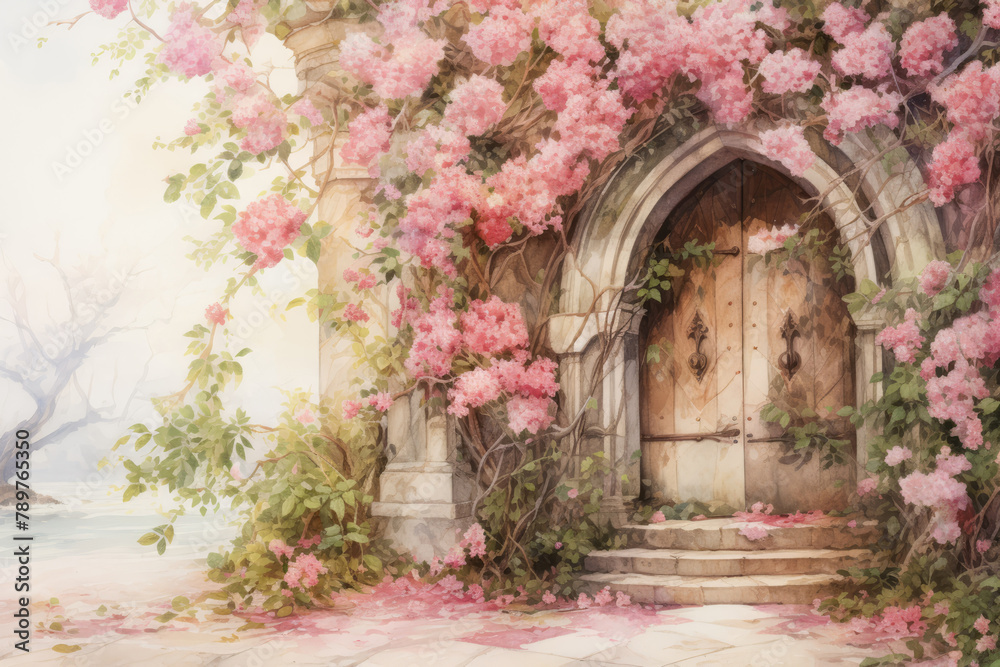 Old wooden door with pink flowers in the garden. Vintage style. Watercolor painting. Old door to the fairy tale castle