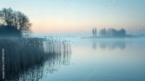 Misty lake at dawn with sun rising over the horizon and trees reflected in the water