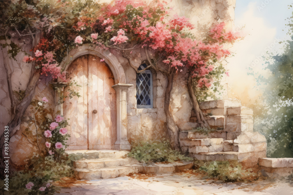 Fototapeta premium Old wooden door surrounded by flowers in an old house in the garden, Provence, France or Tuscany, Italy. Watercolor painting
