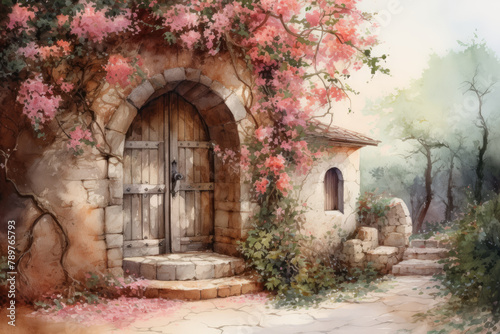 Wooden door in an cute old house with flowers in garden  Provence  France or Tuscany  Italy. Watercolor painting