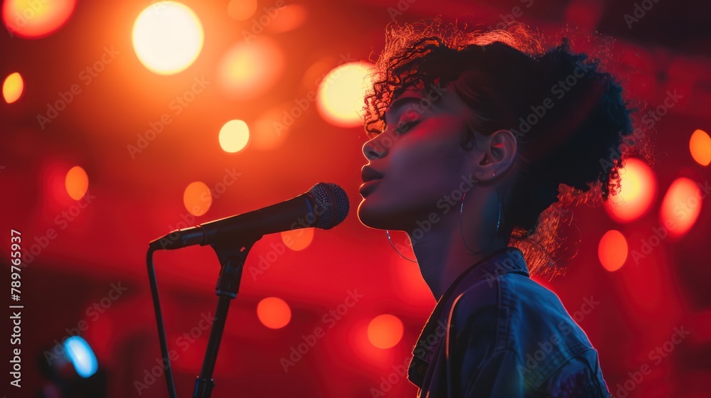 Confident Performer at Open Mic Night with Microphone Confident Performer at Open Mic Night with Microphone