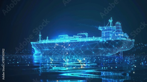 Gas carrier ship, vessel for transportation of liquefied petroleum gas LPG from futuristic polygonal blue lines and glowing stars. AI generated