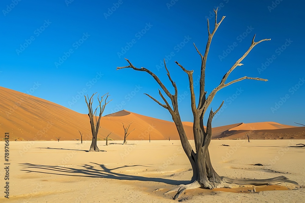 Deadvlei (Namib desert). Dead trees with big dunes in the background .