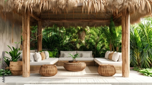 Blank mockup of a tropicalinspired outdoor seating area with a thatched roof wicker furniture and lush plants. .