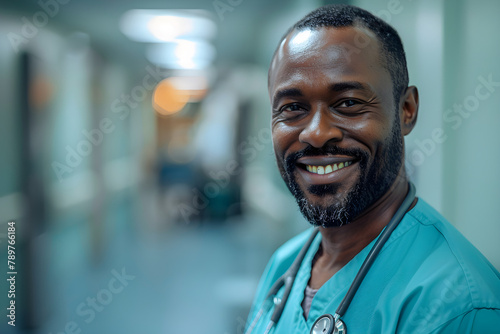 Portrait of an African-American male doctor, a guy in a hospital gown, and a smiling nurse in the hospital corridor celebrating National Doctors Day and World Nurses Day. photo