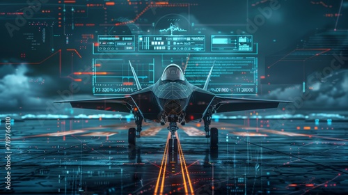 A jet is on a runway with a computer screen showing the plane's data